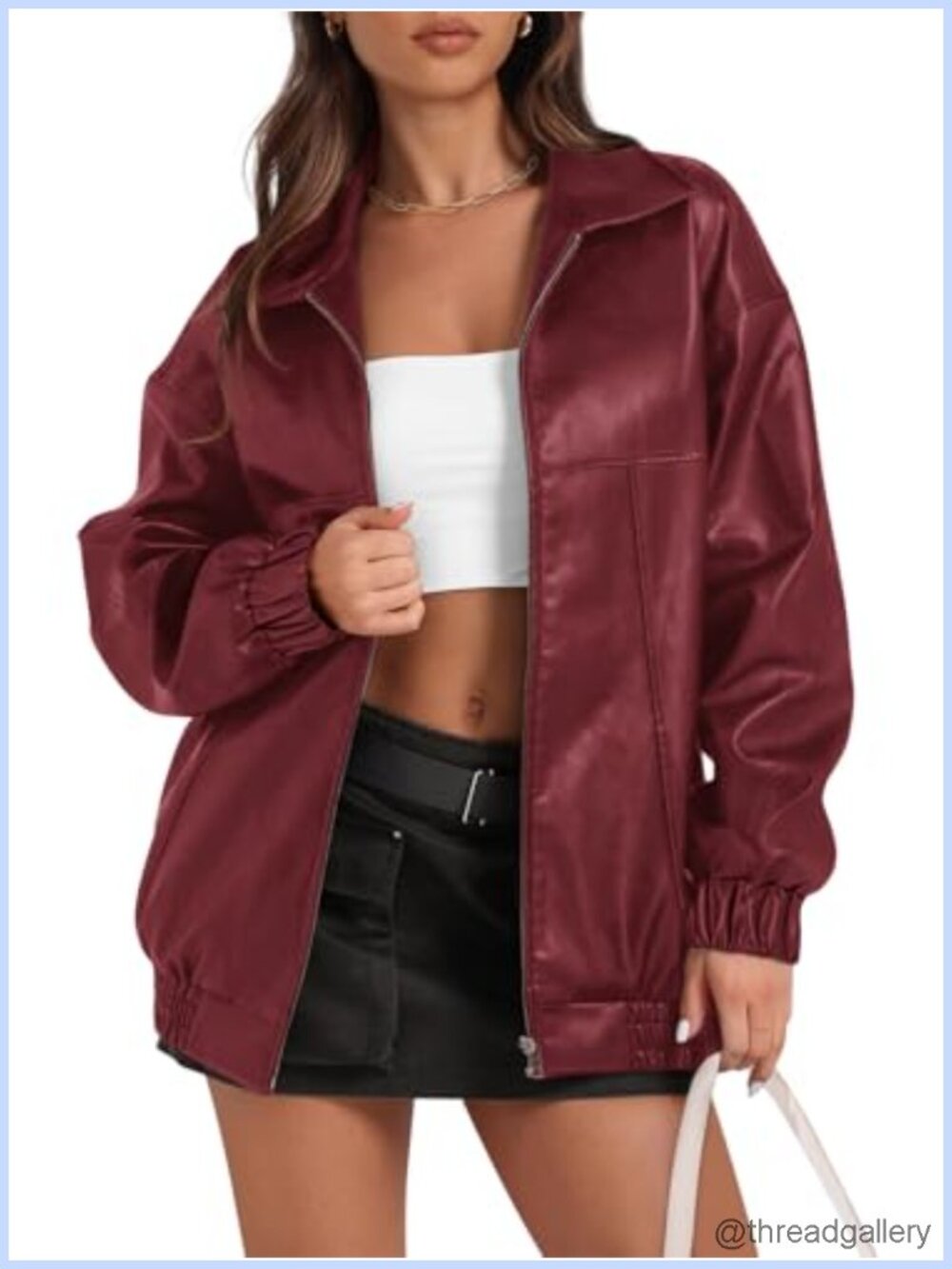 Womens Oversized Faux Leather Motorcycle Jacket Water Repellent Long Sleeve